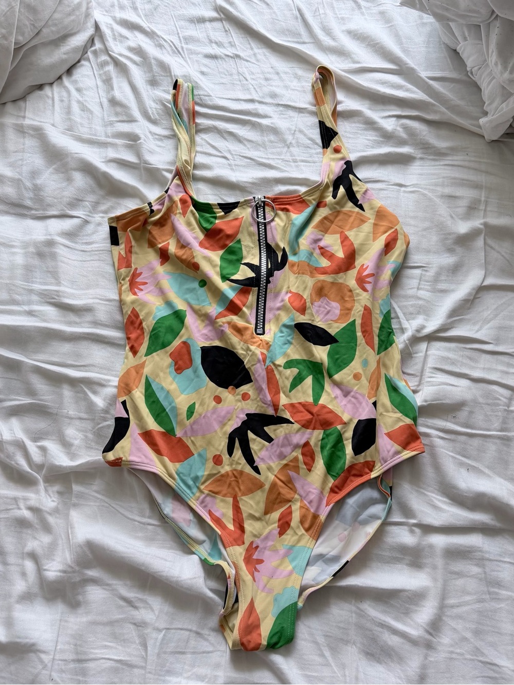 Monki Multicolor Abstract Leaf-Print One-Piece Swimsuit with Front Zip